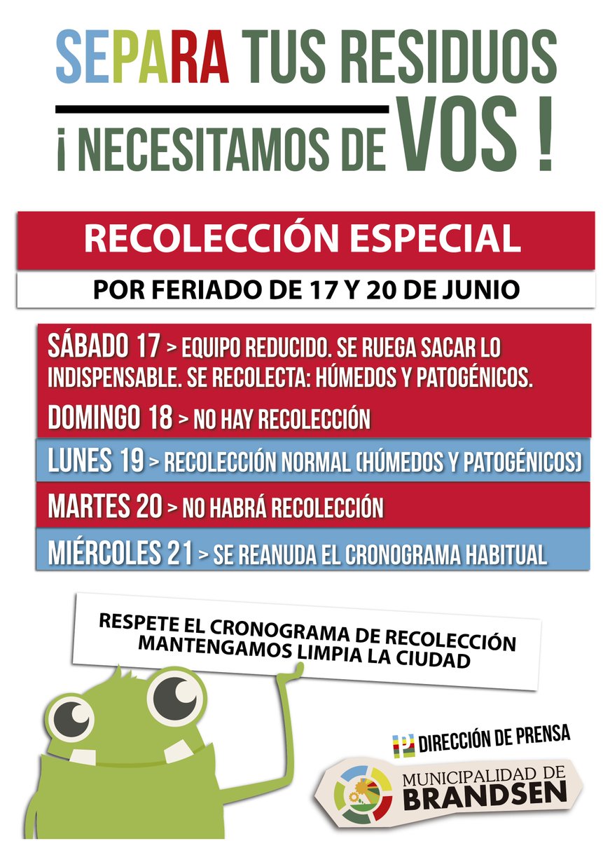 #Recolección
RECOLECCIÓN ESPECIAL POR FERIADOS facebook.com/prensamunicipa…