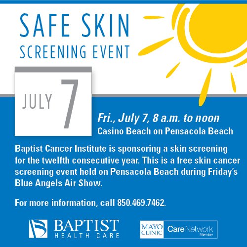 eBHC's tweet photo. Baptist Cancer Institute is offering a FREE skin cancer screening event at the Blue Angels Airshow on Friday, July 7 from 8 a.m. to noon. https://t.co/ZPtlLsgkeh
