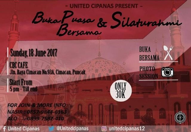 UnitedCipanas's tweet photo. ◆UNITED CIPANAS PRESENT ◆Buka Puasa &amp; silaturahmi Bersama ◆sunday, 18 june 2017 ◆CBC Cafe ◆start 5pm - till end ◆30k . https://t.co/487CAUQgaY
