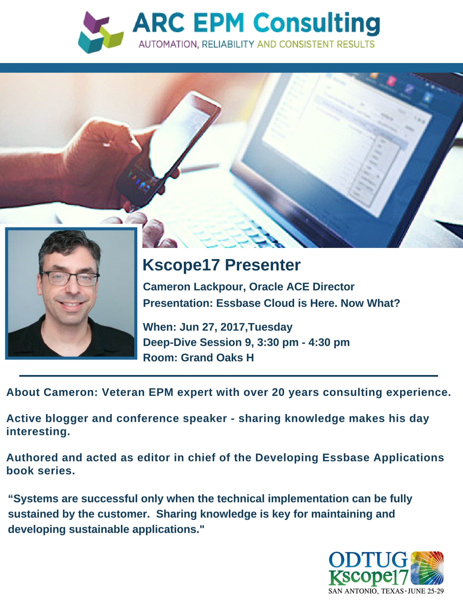ARC_EPM's tweet photo. @CameronLackpour will be Presenting on #EssbaseCloud at #Kscope17 on 27th June. Kscope17 is the place to be. https://t.co/02YH5kmCRO https://t.co/6L4PHOVR5x