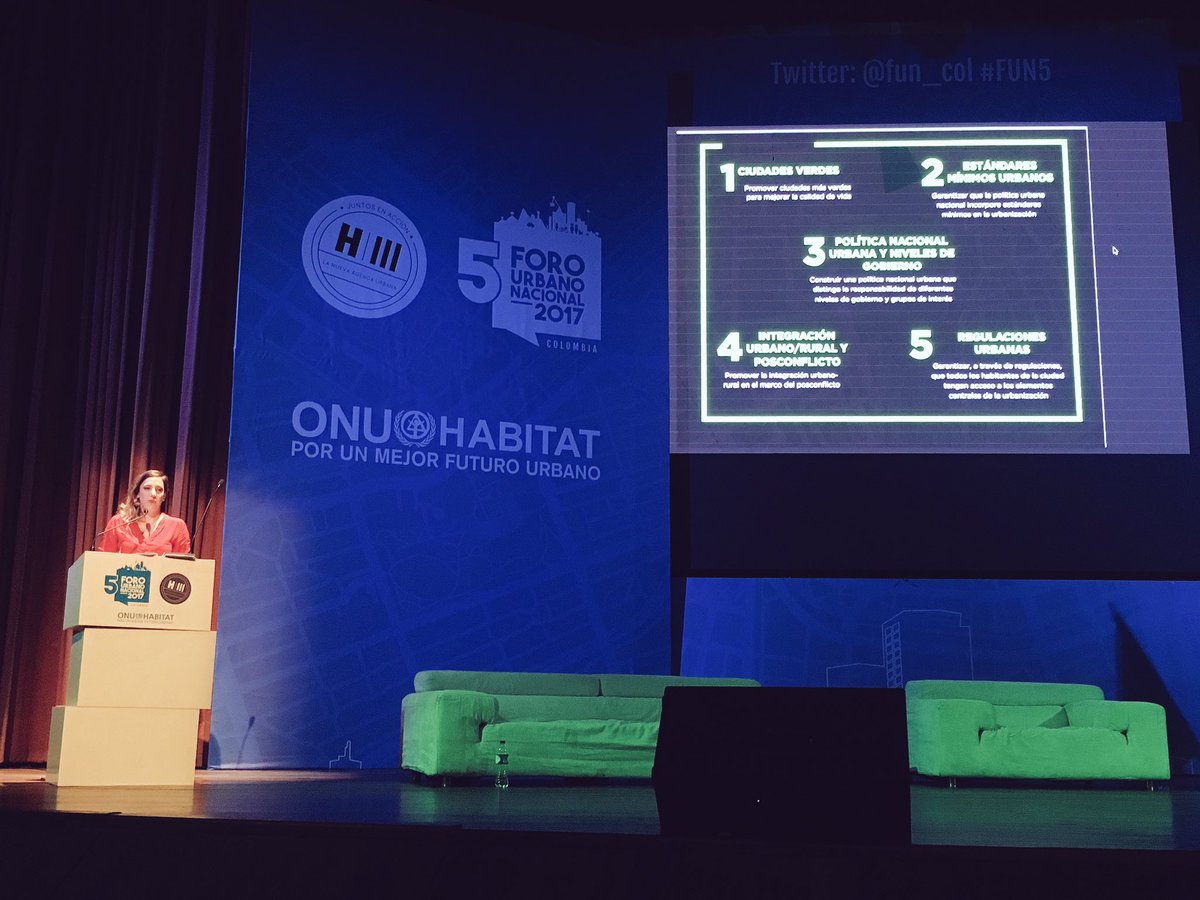 fun_col's tweet image. Ciudades verdes/Estándar mínimo urbano/Política Nal Urbana/Integración Posconflicto/Regulaciones Urbanas: Retos en Foro urbano mundial #FUN5
