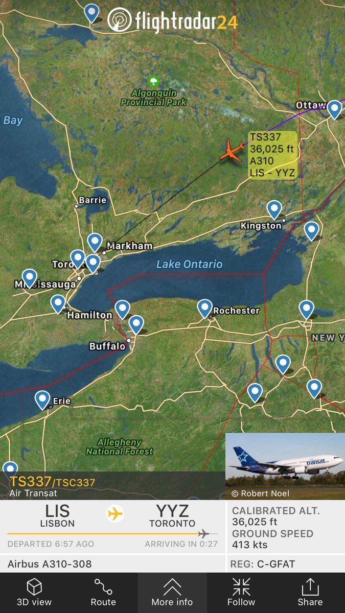 TomPodolec's tweet photo. .@AirTransat #TS337 Lisbon to #Toronto reporting hydraulics problem. Emergency services dispatched. Landing YYZ runway 33R. ETA 13:45 https://t.co/zZoEeyeWrU