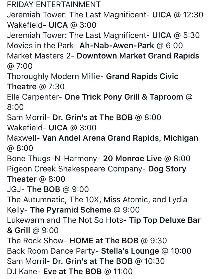 GRafterHours's tweet photo. T.G.I.F. am I right? Here is everything going on tonight in the 616 #GRafterHours https://t.co/n7bjQ1myHH