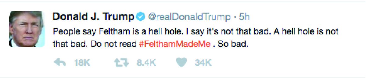 FitzroviaTV's tweet photo. President Trump takes time out from his busy schedule to slag off #Feltham and #FelthamMadeMe. Must be doing something right. https://t.co/rEOdvpDWWN