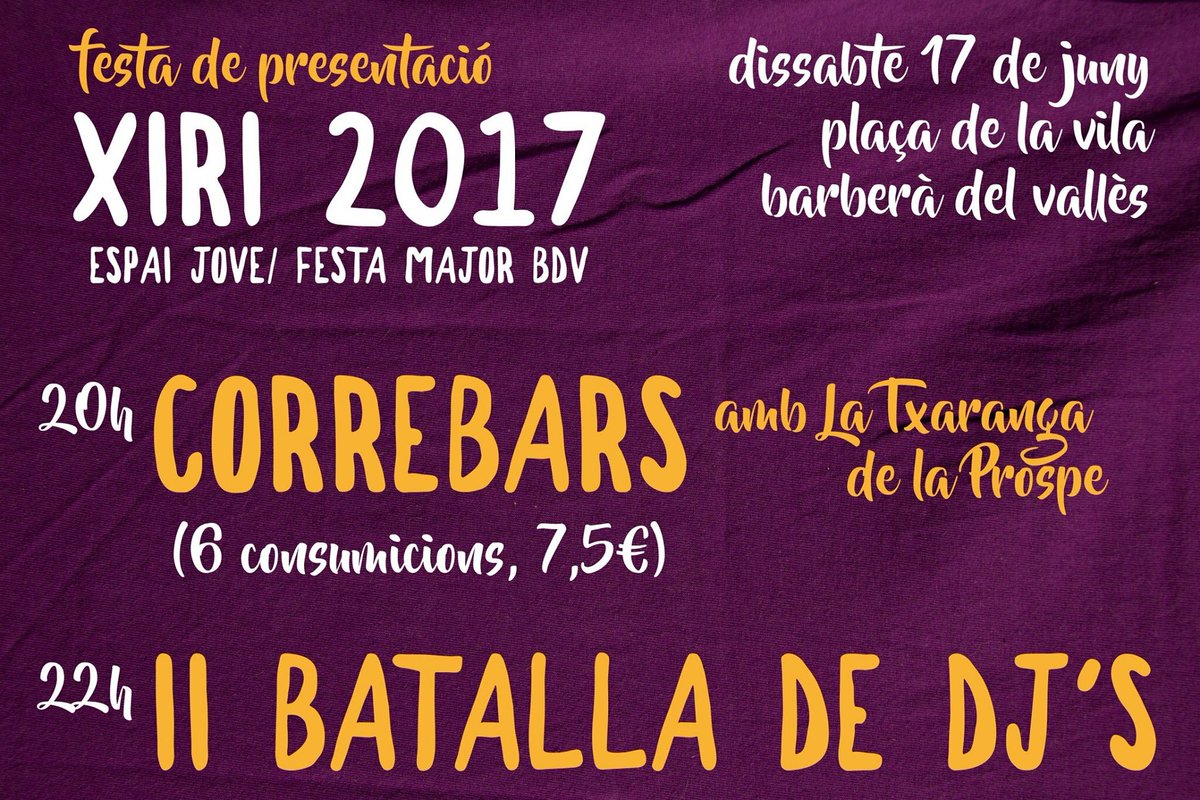 npueyo9's tweet image. Preparades x pre-Xiri??
Demà CORREBARS i BATALLA de DJ's!
I tb presentació del @protocolbdv x unes FM lliures de sexisme!
#hitensmoltaveure
