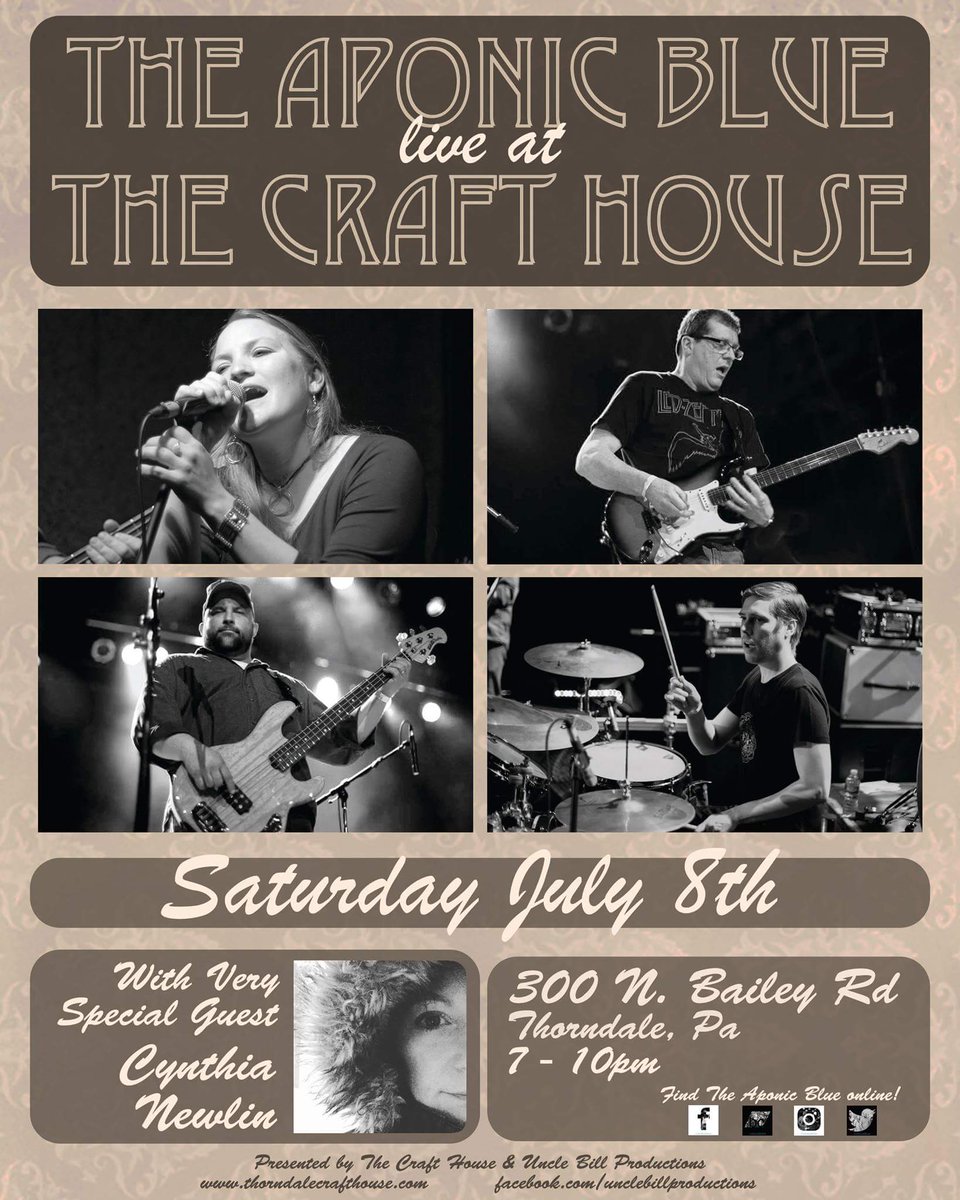 The_Aponic_Blue's tweet photo. We are super excited about our next show at #TheCraftHouse in #ThorndalePa on Sat July 8th! This is a #Free #AllAges #Outdoor event! https://t.co/RjzcPVQX8I