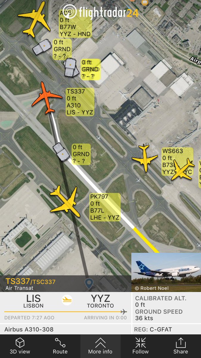 TomPodolec's tweet photo. Update @AirTransat #TS337 Lisbon to #Toronto landed 33R. Taxiing to gate. Reported hydraulic issue. Taxiing to gate. ARFF following. https://t.co/x0ZcAY2xTS