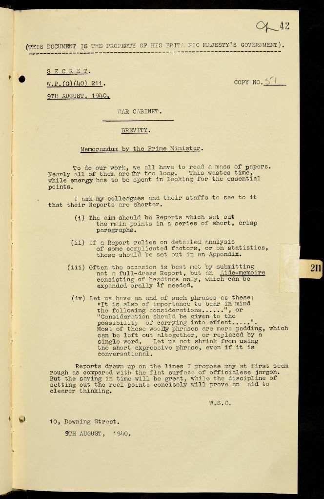 UkNatArchives's tweet photo. #Churchill's 1940 memo on brevity in reports - which he reissued in 1951, after returning to office. https://t.co/UBnYl6Tlg4 https://t.co/NXmKIVMgvs