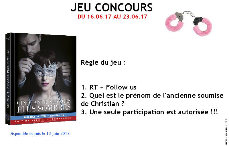 #JeuConcours Suite à la sortie du DVD/Blu-ray de #CinquanteNuancesPlusSombres, gagnez un Blu-ray™ avec <a href="/UniversalFR/">Universal Pictures</a>. A vous de jouer !