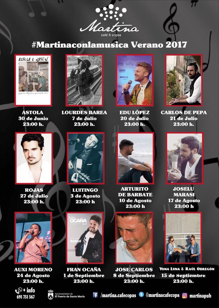 1 Septiembre Concierto de <a href="/franoca_oficial/">Fran Ocaña</a> en <a href="/martinacafecopa/">martina cafe&copas</a> a las 23h. Recomendado por <a href="/ElFiesta_es/">ElFiesta.es</a>
