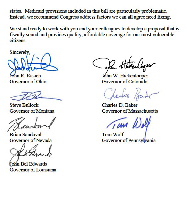 AdamSearing's tweet photo. Influential, calm, measured, *bipartisan* letter from Governors tells Senate: Fix private insurance market but take Medicaid *off the table* https://t.co/20VlYctGln