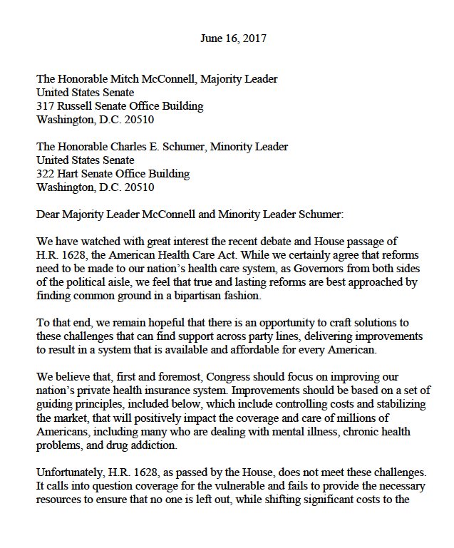 AdamSearing's tweet photo. Influential, calm, measured, *bipartisan* letter from Governors tells Senate: Fix private insurance market but take Medicaid *off the table* https://t.co/20VlYctGln