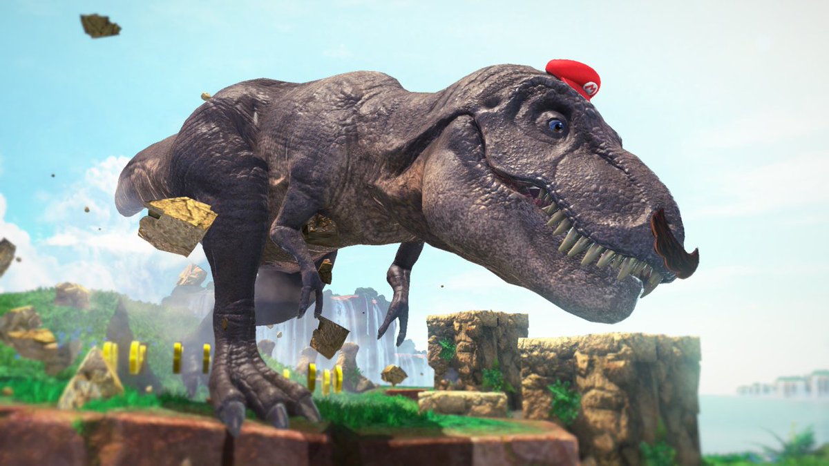 Mario throws hat to become T-Rex. T-Rex arms can't reach hat! GAME OVER