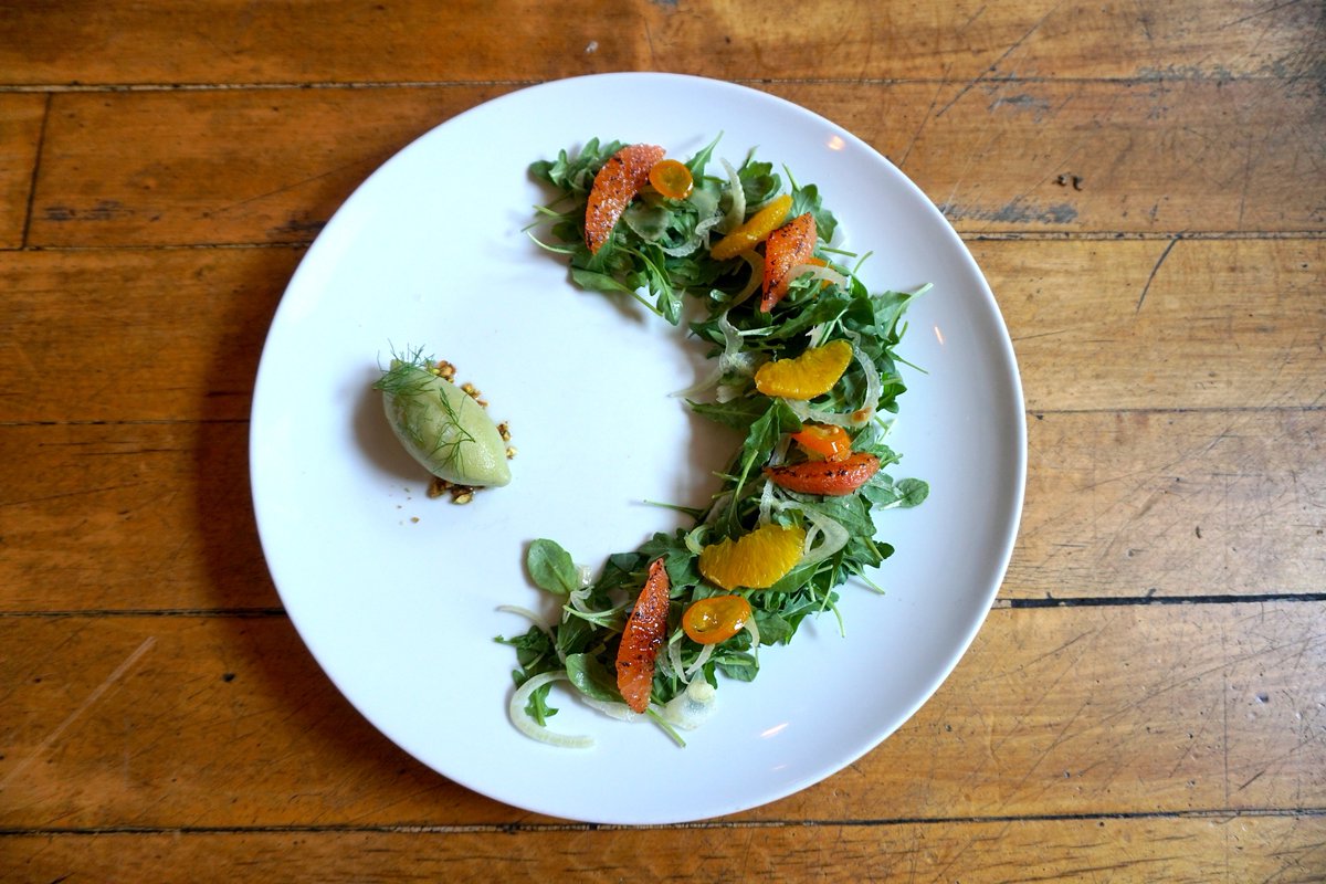 Citrus Salad - grapefruit, pickled kumquats, arugula, pistachio, fennel top sorbet #tastelikesummer #unionpasadena #salad #refresh