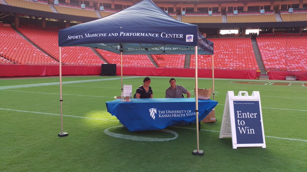 KUSportsMed's tweet photo. #Arrowhead5K tonight? Come by for a #Chiefs mini-football, enter-to-win a pair of tix, and ask Amy & Kyle Sports Med Q's @ArrowheadEvents https://t.co/hCgVYuYvQm