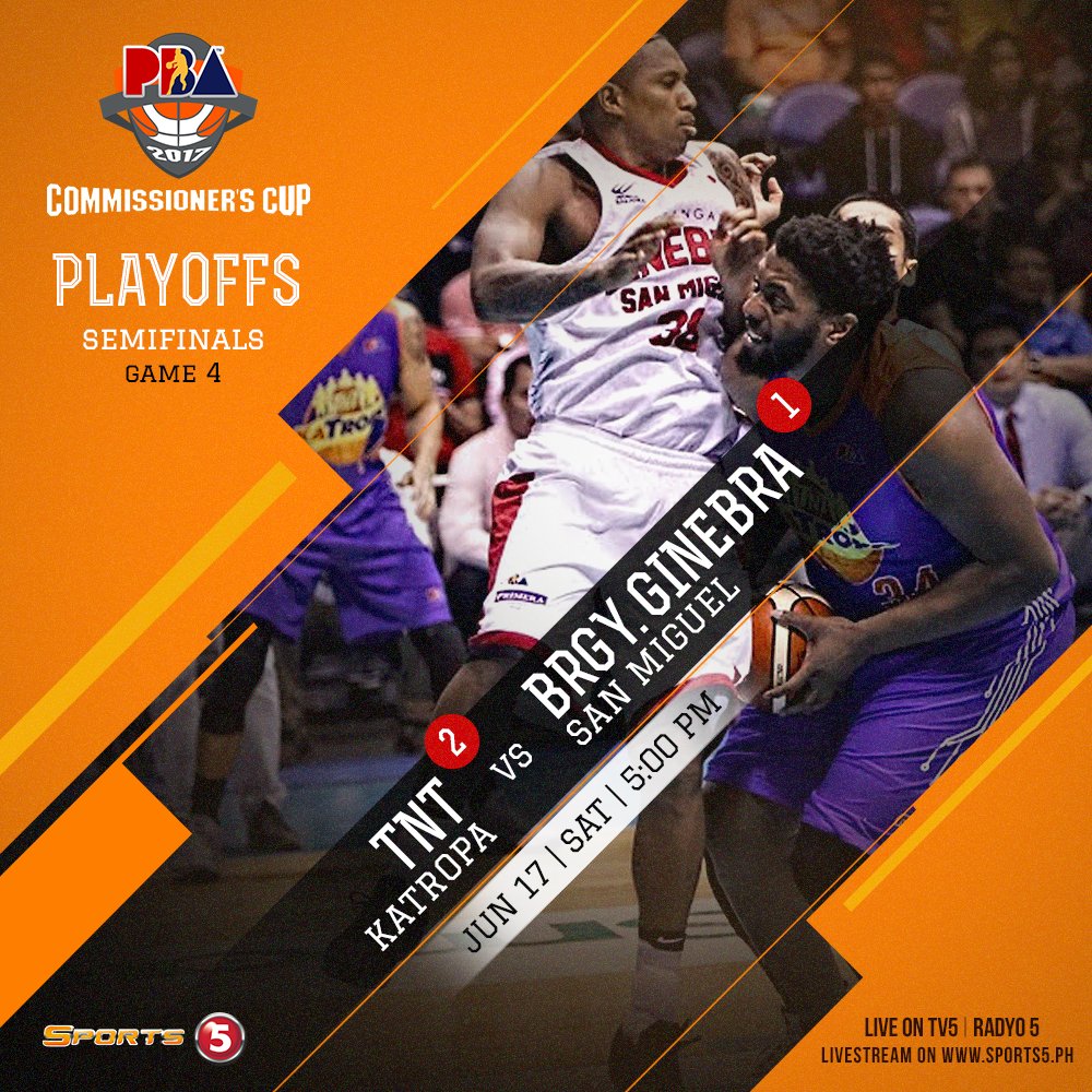 OneSportsPHL's tweet photo. #PBASemis Game 4:

TNT KaTropa vs Barangay Ginebra San Miguel 

#WeArePBA
⏱ 5:00 PM
📺 @TV5manila
💻 https://t.co/95so1WP3hC https://t.co/VmxIfBD2Zk