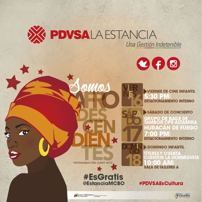 EstanciaMCBO's tweet photo. Este sábado #17Jun continua el Festival Somos Afrodescendientes en la @EstanciaMCBO con Huracán de Fuego 7:00PM. #PDVSAEsCultura https://t.co/1lZWA764ad