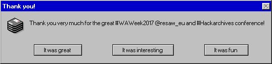 keesone's tweet image. Thank you @SASNews @britishlibrary @UkNatArchives, Archives Unleashed @NetPreserve @jfwinters, @HolowniaOlga and @resaw_eu for #WAweek2017