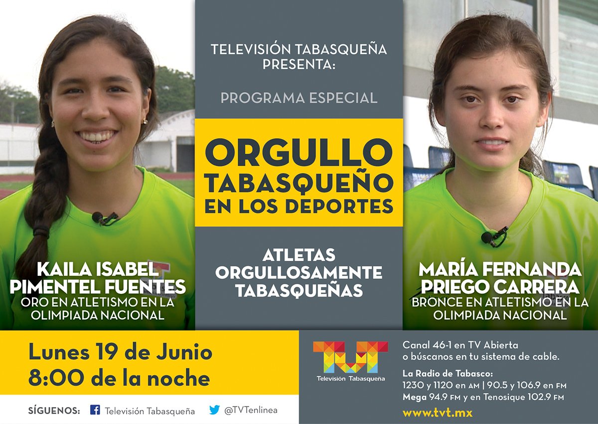 #ProgramaEspecial Por la señal de <a href="/TVTenlinea/">Televisión Tabasqueña</a> #OrgulloTabasqueño en los Deportes. Lunes 19 de junio, 8:00 p.m.