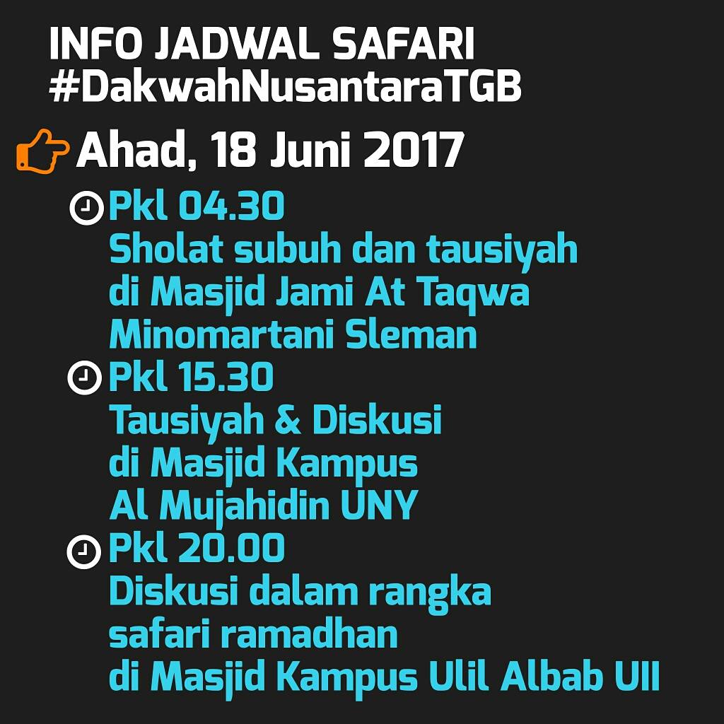 Rama_dhan80's tweet photo. INFO JADWAL SAFARI DAKWAH TGB
DI YOGYAKARTA
#DakwahNusantaraTGB  
#GubernurNTB
#TGB #TuanGuruBajang 
#Ulama #Hafidz #Alquran 
#KamiTGB https://t.co/DsGmQrpB7F