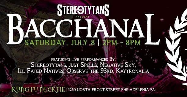 Stereotytans's tweet photo. Saturday July 8th☀️ #Bacchanal #liveconcert #cosplay #Philadelphia @kungfunecktie #bands @J1Studios #drinkspecials #allageshow #party https://t.co/SjzgVBUPbp