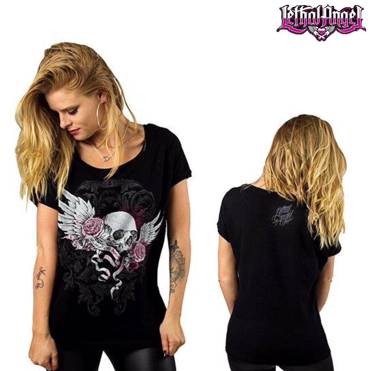 LethalAngel_Brd's tweet photo. TGIF!🔥💀😈 Enjoy the sun ☀️ with our Winged Skull Banner Off The Should Shirt!
Only available at https://t.co/A4XP1j4HGc 🖤 #lethalangel https://t.co/kEr4skDbNx