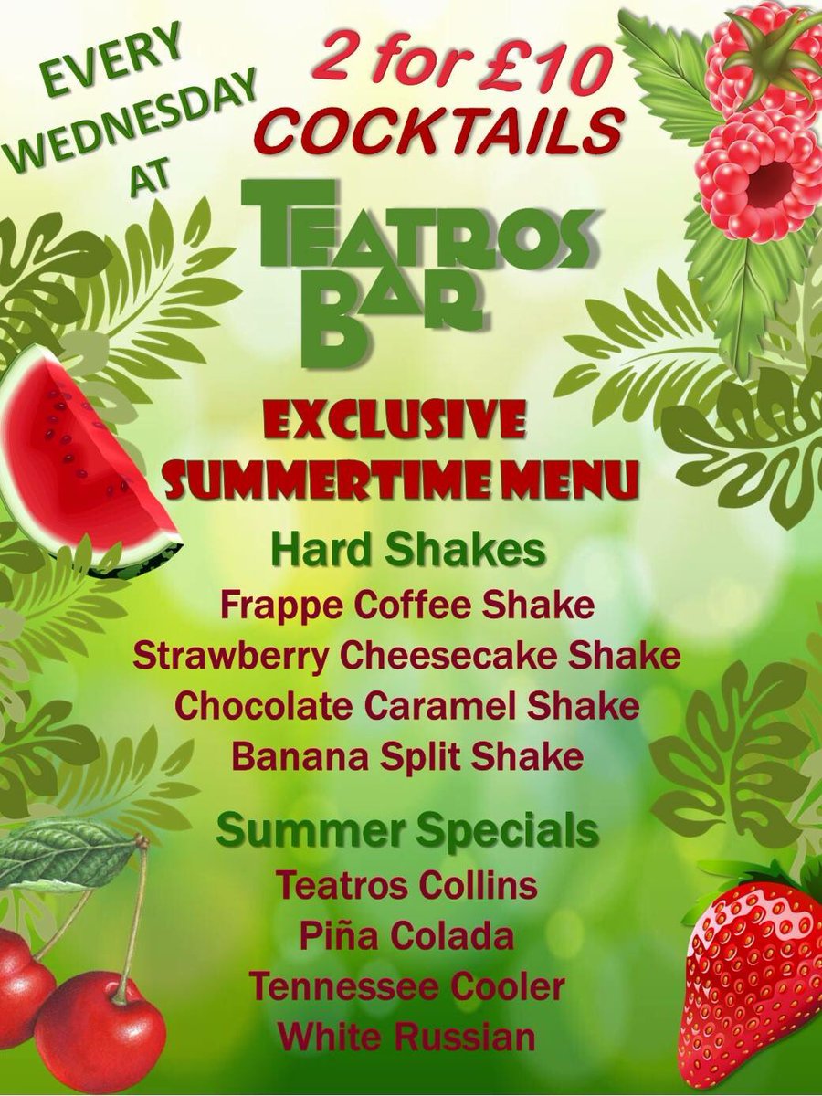 TeatrosBar's tweet photo. Our new mid-week cocktail menu has now launched! Come &amp; try our #HardShakes next week. See you Wednesday #MidWeekFun #SummerIsHere #2for£10 https://t.co/tPAsUjed68