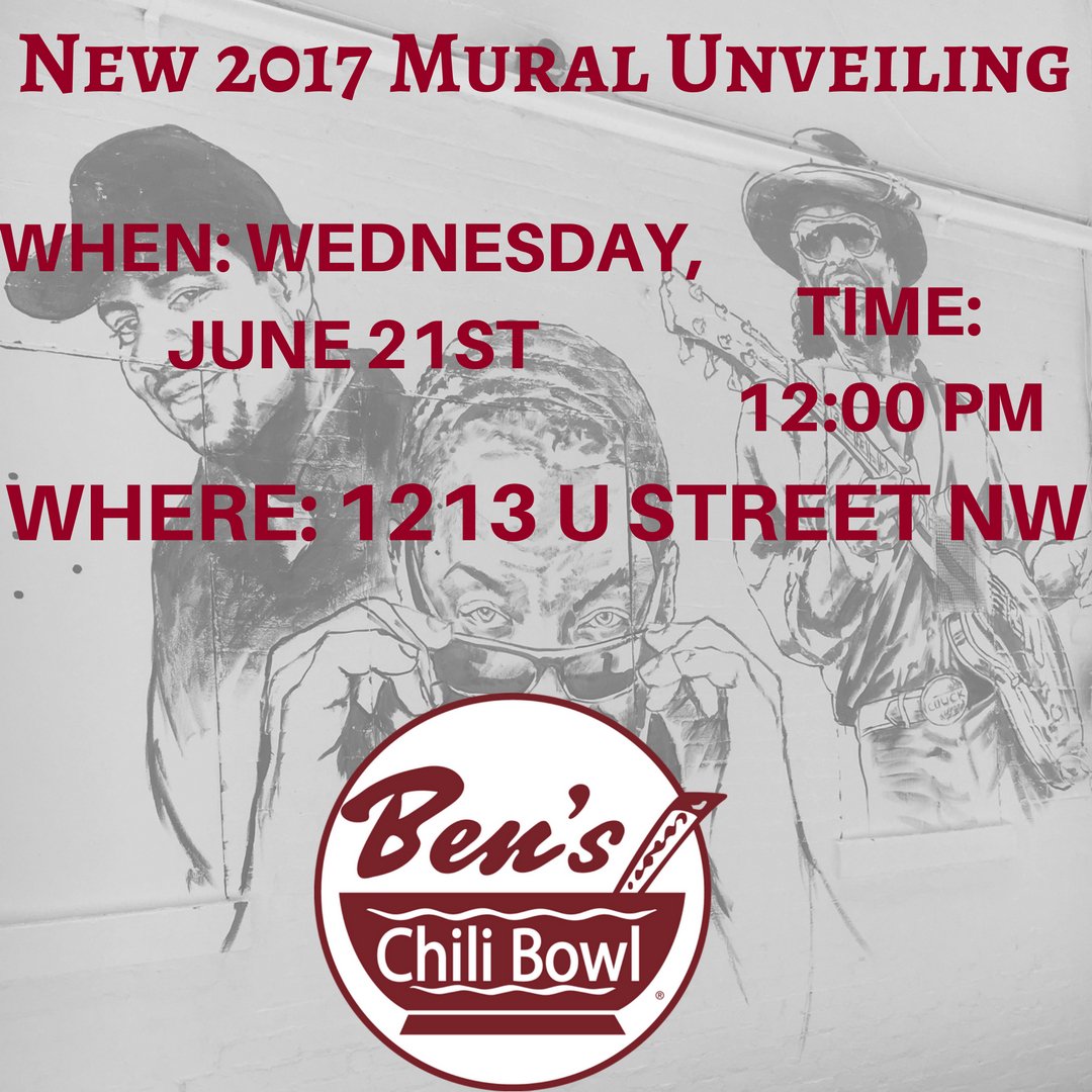 benschilibowl's tweet photo. Please join us as we unveil Ben's Chili Bowl's New Mural for 2017. Over 30,000+ voted! See the final result and meet Special Guests!#MuralDC https://t.co/sjeHus2gPs