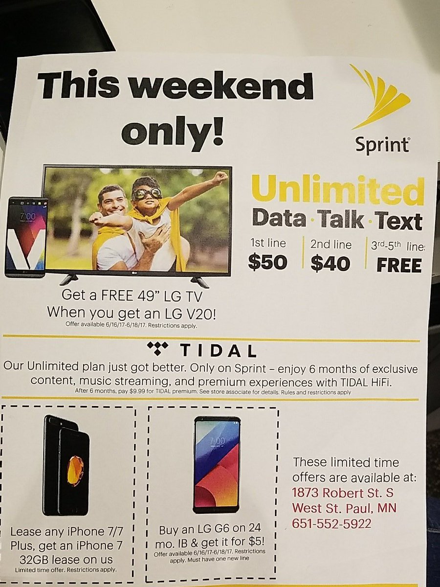Don't miss out on these amazing deals this weekend at the West St Paul sprint #sprintsaysthanks #stpaul #sprint #lgv20 #LGG6 #Tidal  #iPhone