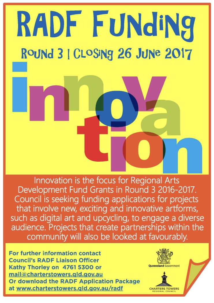 #ChartersTowers Round 3 of #RADF funding closes June 26. Let's light the #innovation spark in our Regional Arts! <a href="/artsqueensland/">Arts Queensland</a>