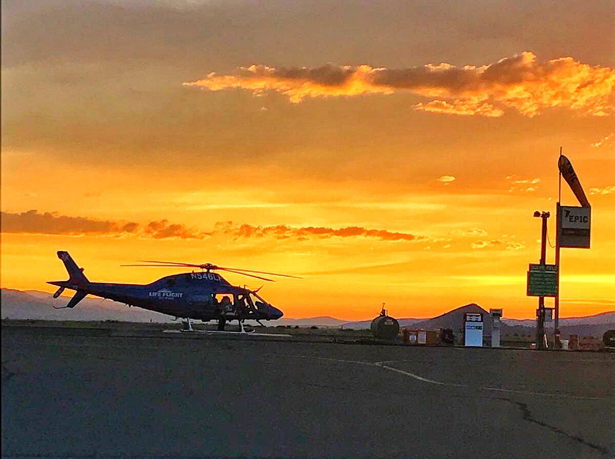 LifeFlightNtwrk's tweet photo. #LF74 enjoying the #sunset recently at the John Day airport. Enjoy your wknd and #BeSafe! #ThereWhenYouNeedUs (photo by Steve M.) https://t.co/hfwlejRboc
