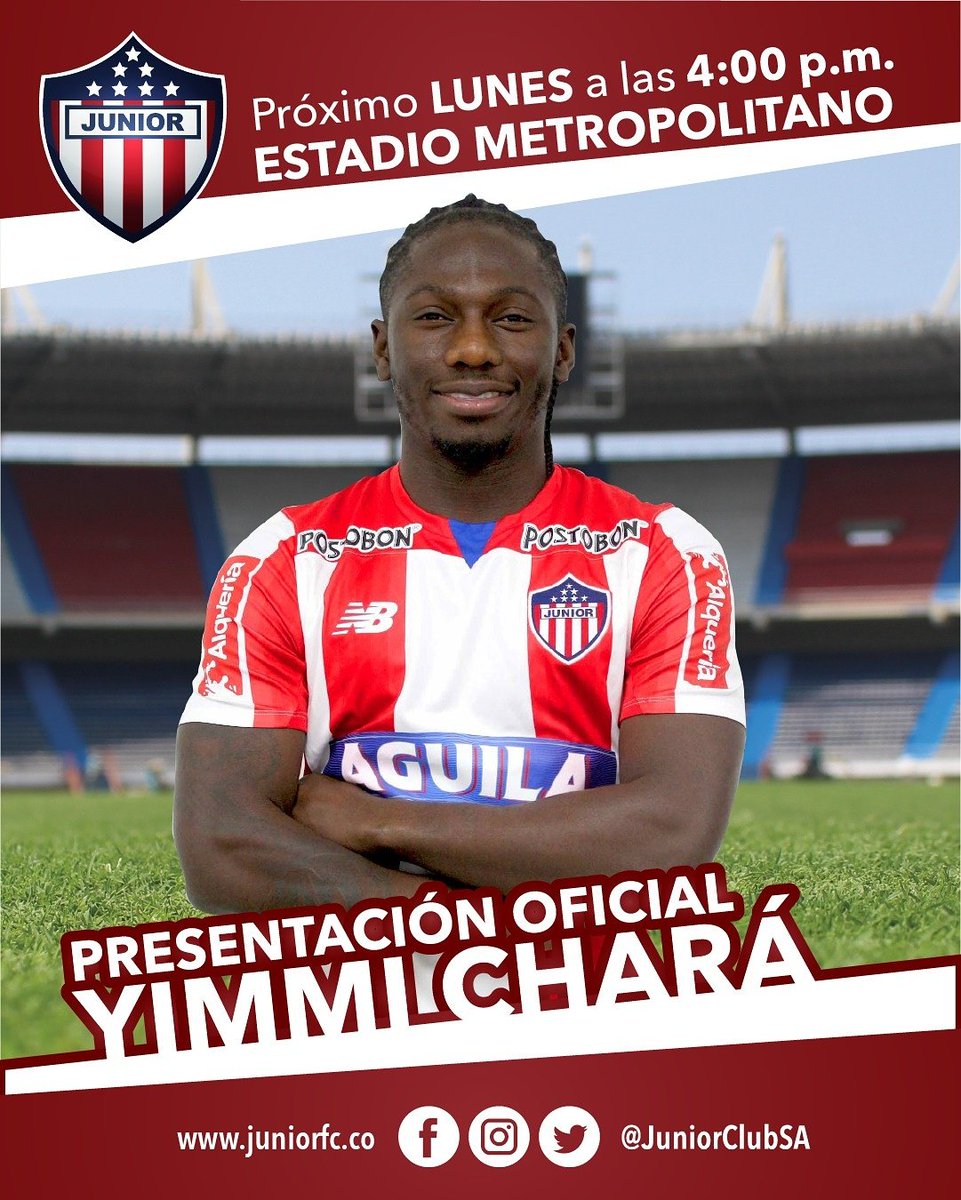 JuniorClubSA's tweet photo. ¡Yimmi Chará ya es de Junior y vamos a presentarlo a lo grande! ¡Acompáñenos este lunes en el estadio Metropolitano! ¡Entrada libre! 🔴⚪🔵 https://t.co/KV1veExJGe