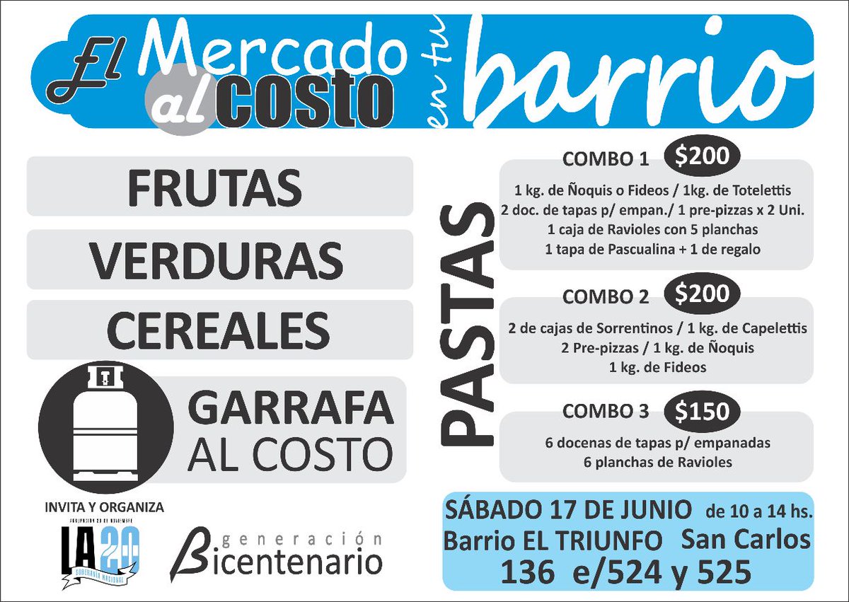 OrgBicentenario's tweet photo. Sábado 17 de Junio- el #MercadoAlCosto en 136 e/ 524 y 525 a partir de 10hs #ElTriunfo de #SanCarlos
•Bueno•Rico•Económico•
@amendolaraok https://t.co/jh9IcYnbtr