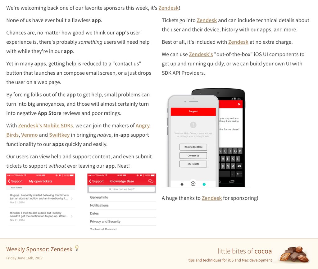Weekly Sponsor: Zendesk 💡

Web version: littlebitesofcocoa.com/sponsor-437

Zendesk's in-app support SDK is awesome, try it!