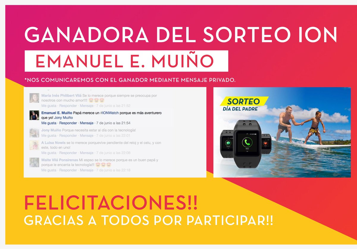 ioncomunidad's tweet photo. 🎉Felicitaciones @Emanuel E. Muiño ganaste el ION Watch para el Día del Padre!
.
.
#ionelectronics #sorteo https://t.co/4XlyYu3XU3
