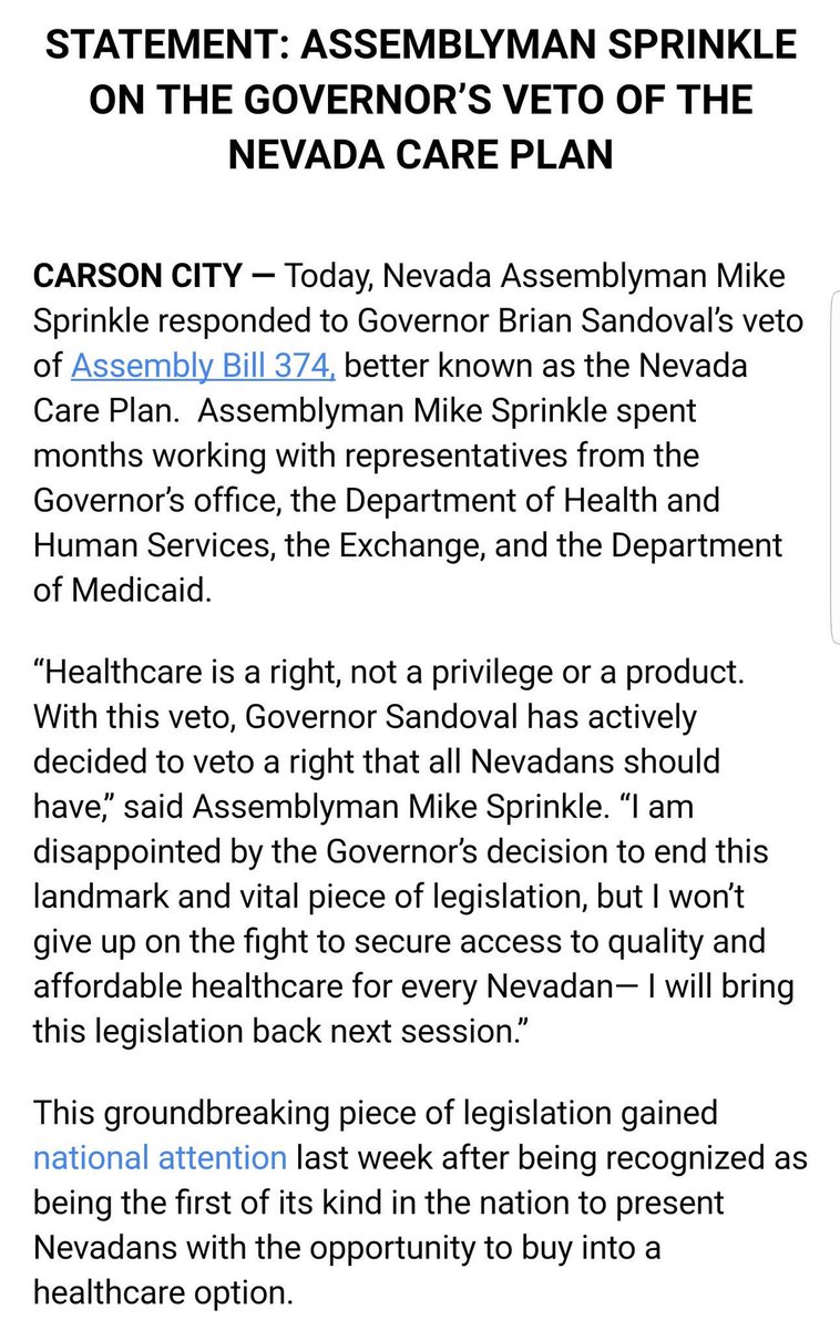 PLANevada's tweet photo. .@GovSandoval's staff helped write #MedicaidForAll #AB374, he vetoed it anyway. Here is @mikesprinkle30's statement #Sprinklecare #hr676 https://t.co/VsOc7eg6yd