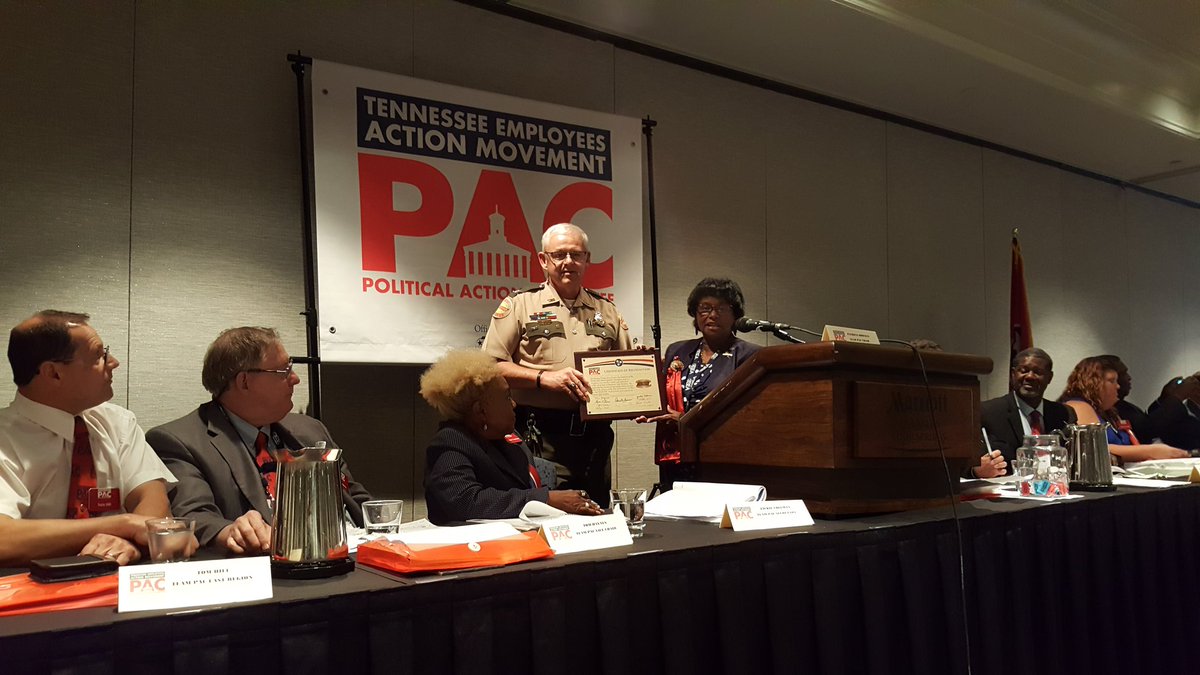 team_pac's tweet photo. .@team_pac Chair Bowman presenting a plaque & 700+ certificates honoroing state troopers to Colonel Tracy Trott of the TN Hwy Patrol #RA43 https://t.co/LfXeRTcZy2