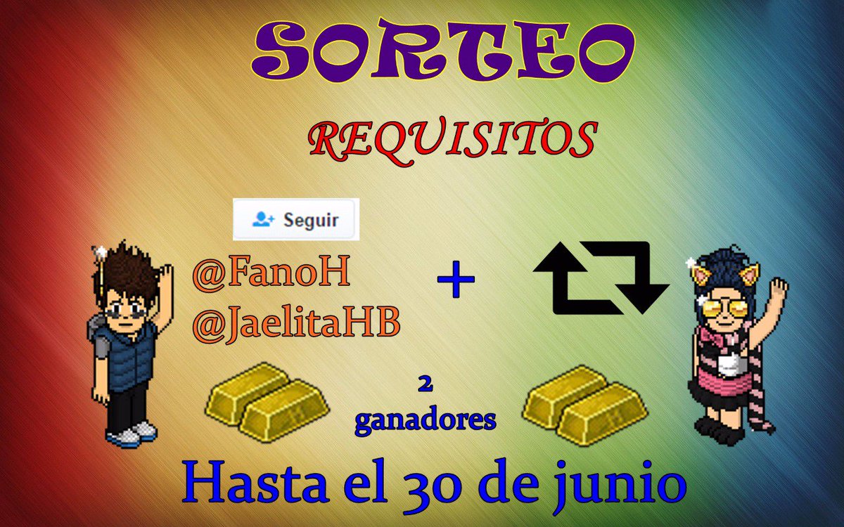 TimadoresHB's tweet photo. Premios: 1 lingo para cada ganador 😯
Follow @JaelitaHB &amp; @Fan0H + Retweet😏
Termina el 30 de junio🤗
Solo en habbo.es 🙄
🎊Participa y suerte!!🎉 https://t.co/Vm2bwCdjqu