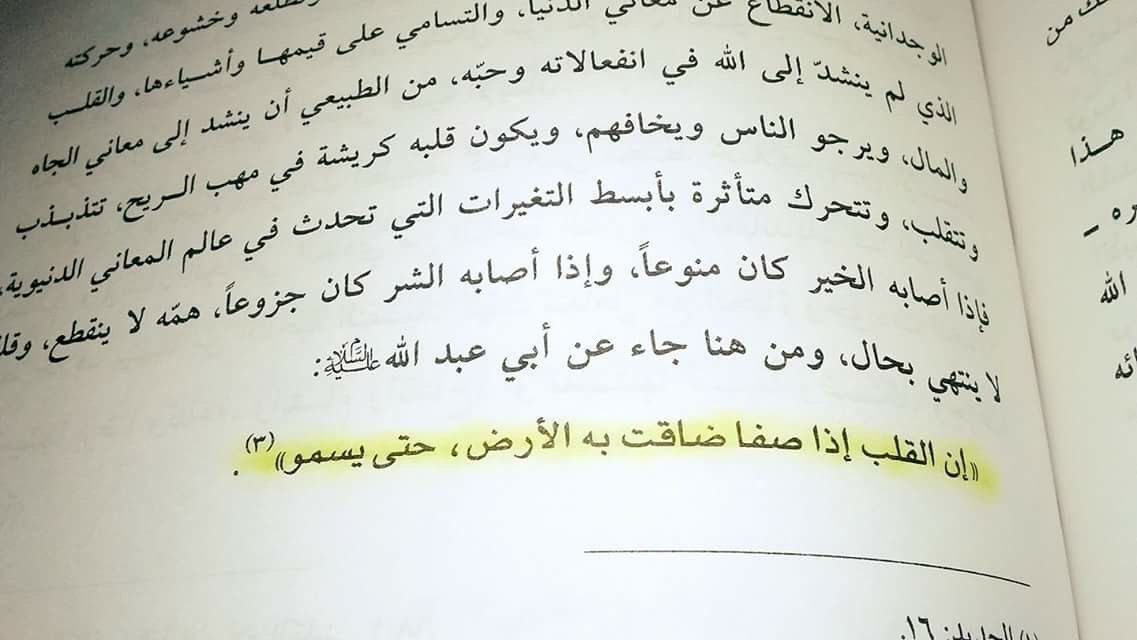 قال الإمام الصادق(ع):" إن القلب إذا صفا،ضاقت به الأرض حتى يسمو" 
|من كتاب " نظرات في الإعداد الروحي"  
للشهيد الشيخ حسين معن (قدس)
