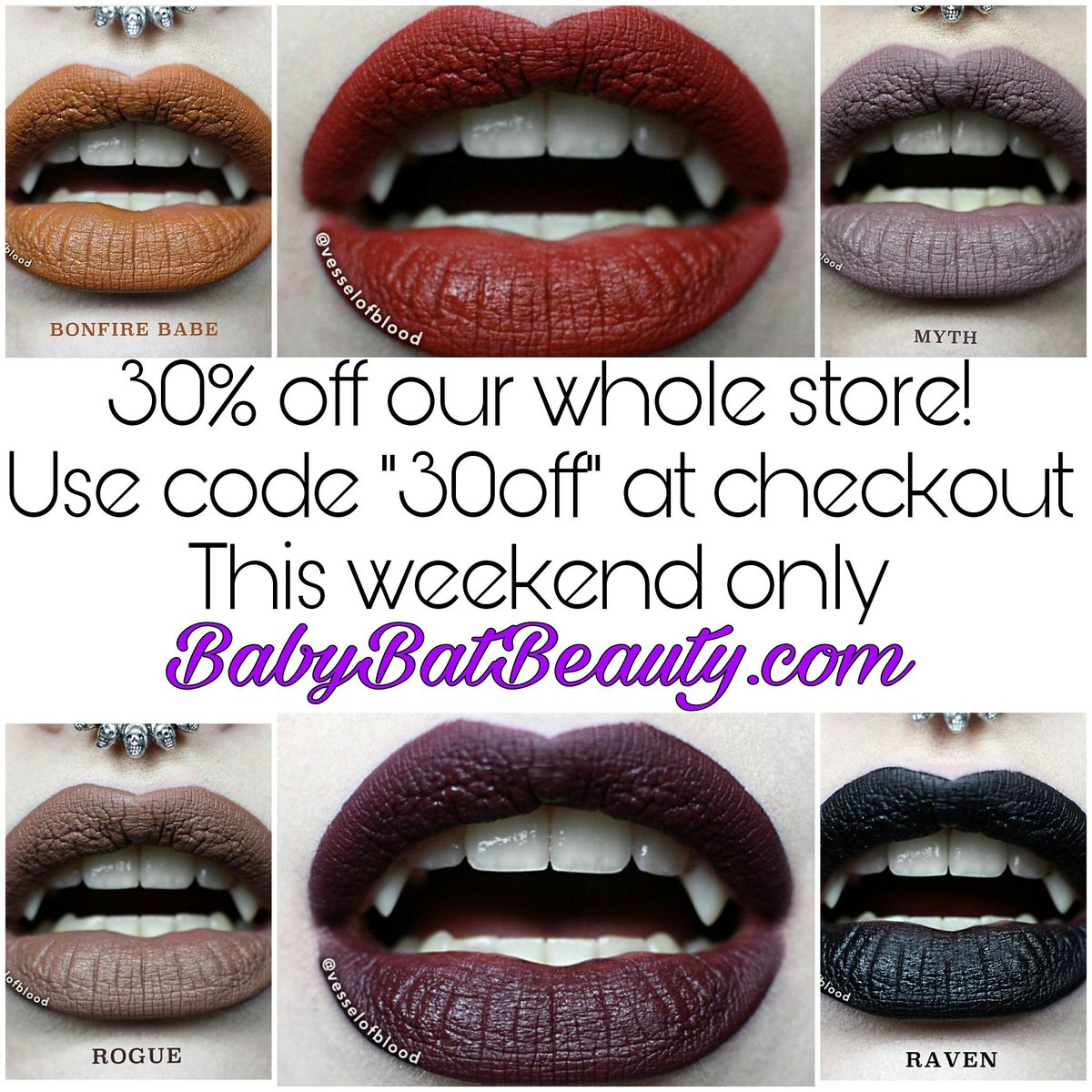 Use the code 30off this weekend only!
✨
BabyBatBeauty.com

#makeup #lipstick #mattelipstick #cosmetics #indiecosmetics #indiemakeup