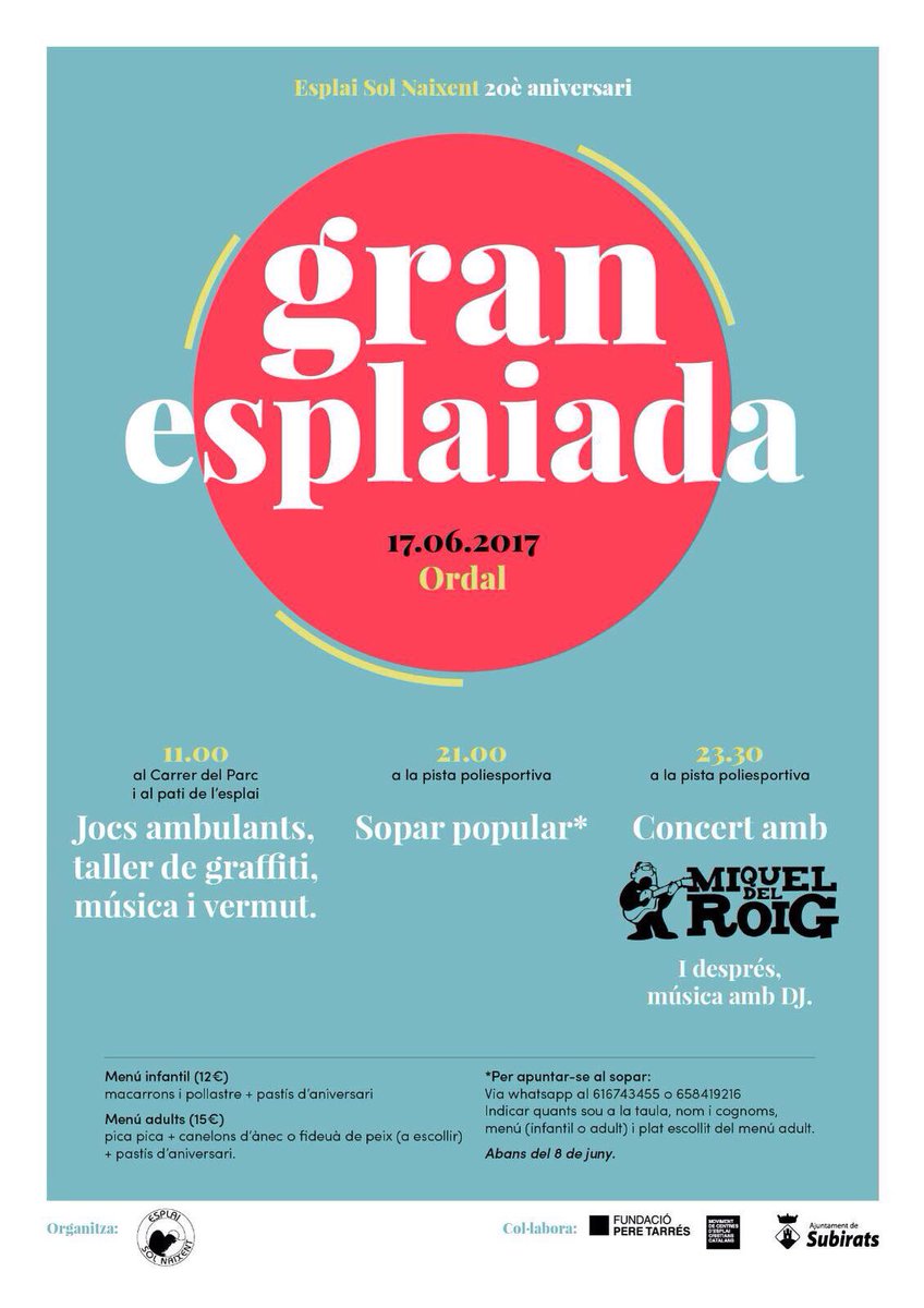 Avui l'Esplai Sol Naixent d'Ordal està de celebració! 20 anys no es fan cada dia! Per molts anys! No podeu fallar a la #GranEsplaiada! 🔝🎂🍾🎉🎈