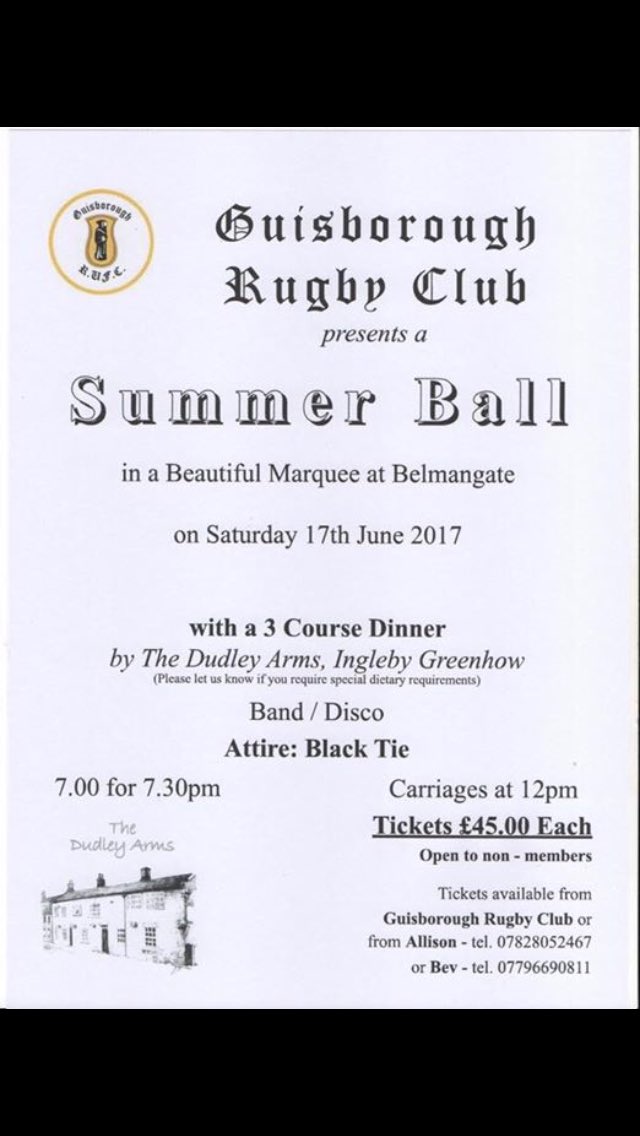 GuisboroughRUFC's tweet photo. It's our Annual Summer Ball this evening at GRUFC. A few tickets are still left for purchase so don't delay and get in touch #balling #GRUFC https://t.co/gTzI17nmKB