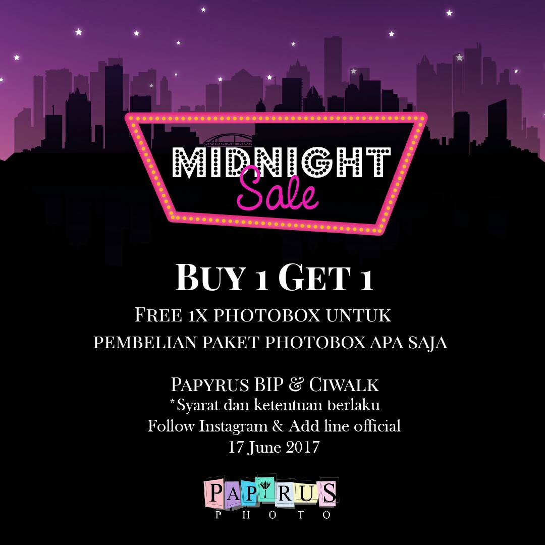 Hallo Photolovers!!
untuk papyrus BIP dan Ciwalk
ada MIDNIGHT SALE nih!! promonya berlaku muali jam 21.00 nanti.
jangan sampe ketinggalan!!