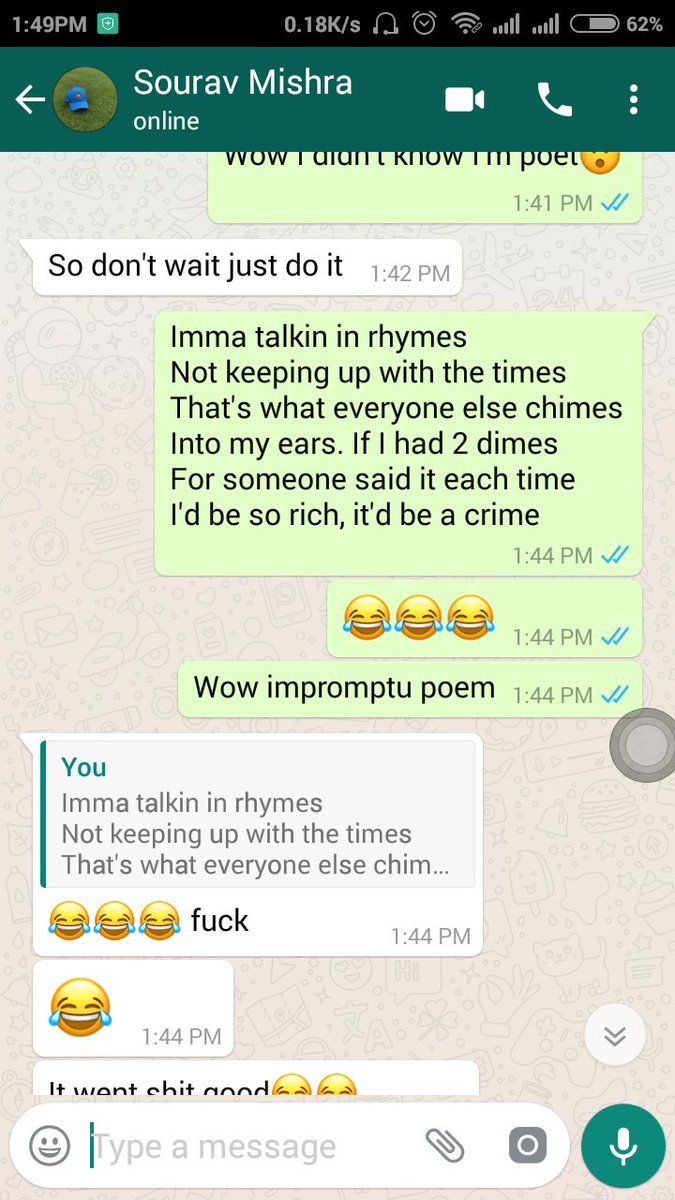 shreya_patnaik_'s tweet photo. Look wat my friend's makin me do
I was already baloney, he's makin me poetic too😂
#impromptu #poem #yekyahorahahaimujhe
#toolonghashtag https://t.co/InB4yWMVHn