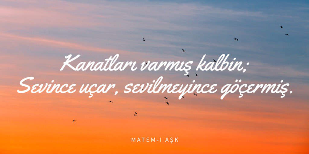 Kanatları varmış kalbin; Sevince uçar, sevilmeyince göçermiş.

#CahitZarifoğlu #Matemiaşk