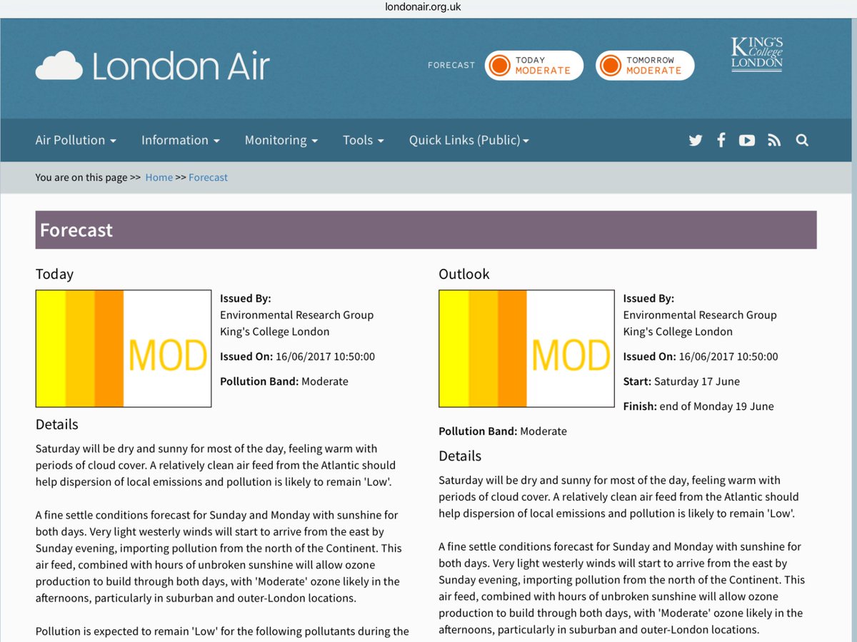 CleanAirLondon's tweet photo. Please @SadiqKhan warn people. Major ozone #airpollution episode in London until Tuesday. Worst away from busy roads https://t.co/GfwnRCp9T7 https://t.co/2m0Lx0QXB1