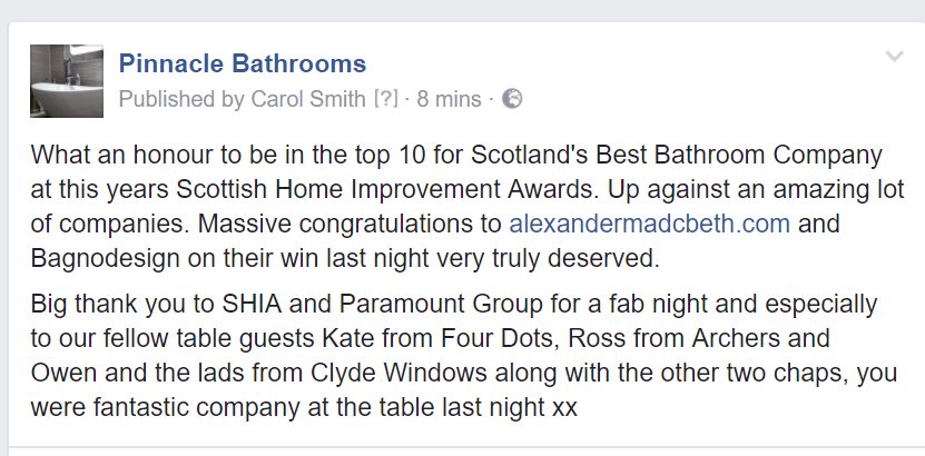 PinnacleBathrms's tweet photo. @Alexmacbeth62 @BagnoScotland @FourDotsDesign @upvc_doors &amp; Ross &amp; lads thanks for fab company at table &amp; congrats to well deserved winners https://t.co/NLH559umVq