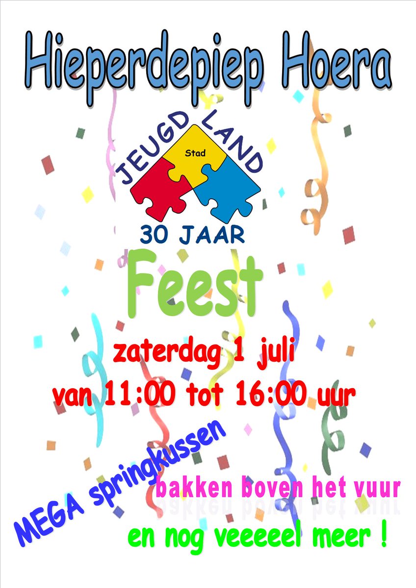 <a href="/JeugdlandStad/">Jeugdland-Stad</a> Bestaat 30 jaar dat gaan we groots vieren op zaterdag 1 juli van 11 tot 16 uur.
facebook.com/events/2392990…