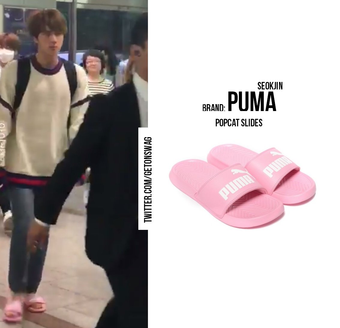 Beyond The Style ✼ Alex ✼ on X: JIN #BTS 170617 #JIN #방탄소년단 #진 #석진 PUMA  Popcat Pink Slides, approx. 21 usd  / X