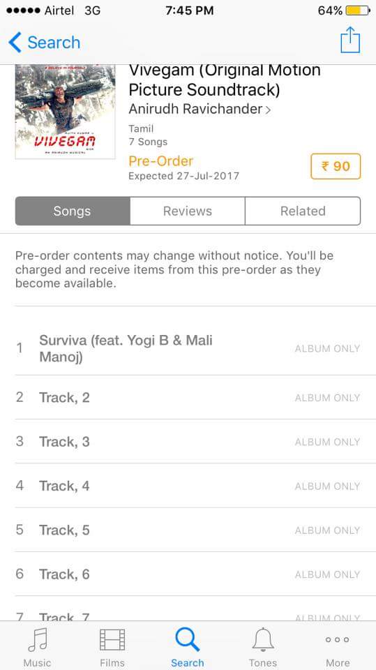 Karthi_thalast's tweet photo. #Vivegam Preorder in #Ituness
☺☺☺
Totally 7Tracks ☺☺
VIVEGAM SONG BASH ON JUNE19 https://t.co/KYxz5iKptS